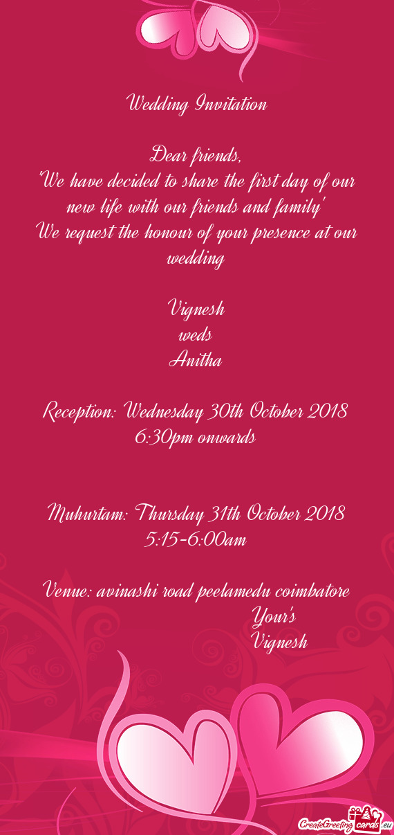 Reception: Wednesday 30th October 2018