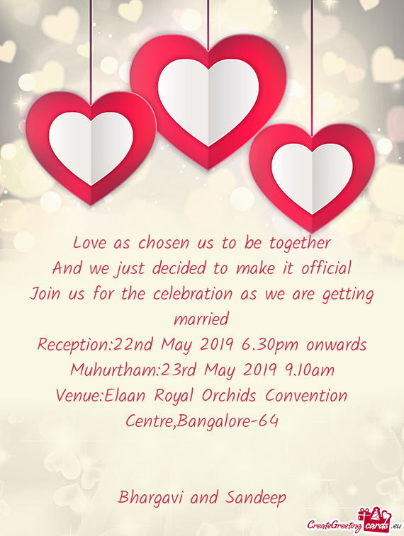 Reception:22nd May 2019 6.30pm onwards