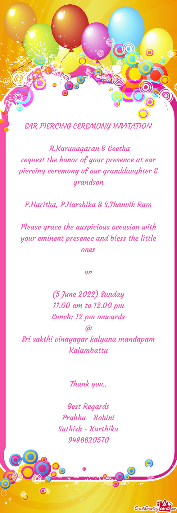 Request the honor of your presence at ear piercing ceremony of our granddaughter & grandson