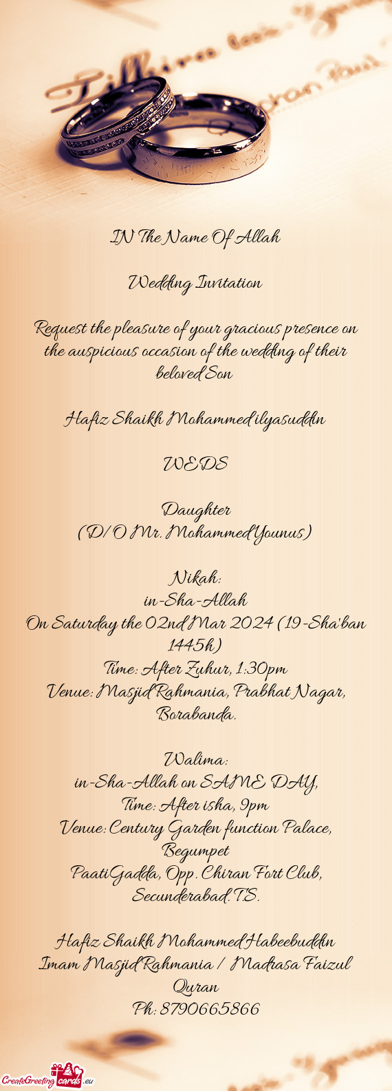 Request the pleasure of your gracious presence on the auspicious occasion of the wedding of their be