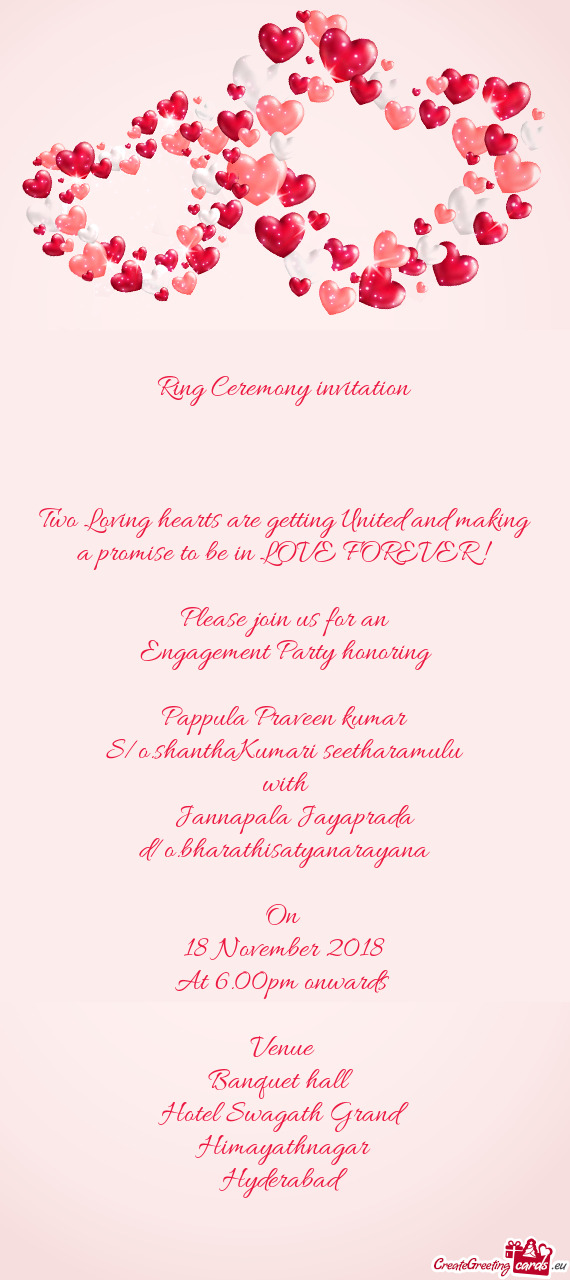 Ring Ceremony invitation         Two Loving hearts are