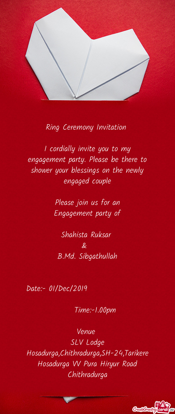 Ring Ceremony Invitation     I cordially invite you to my