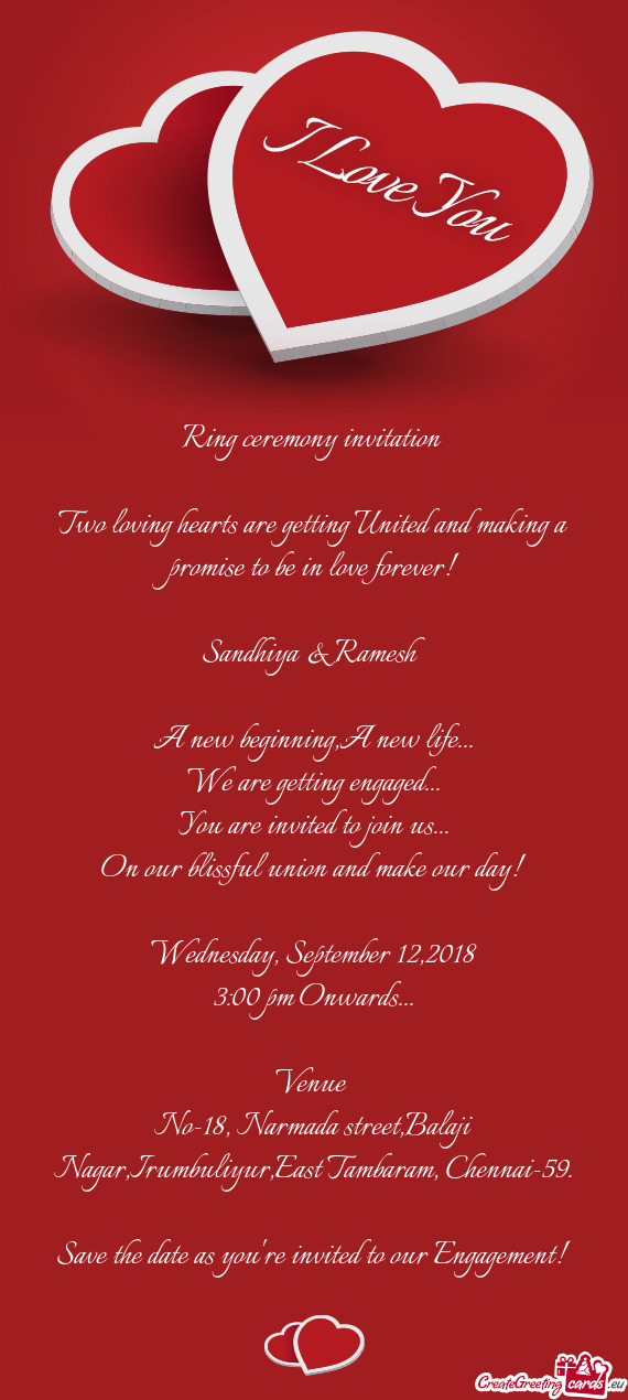 Ring ceremony invitation     Two loving hearts are getting