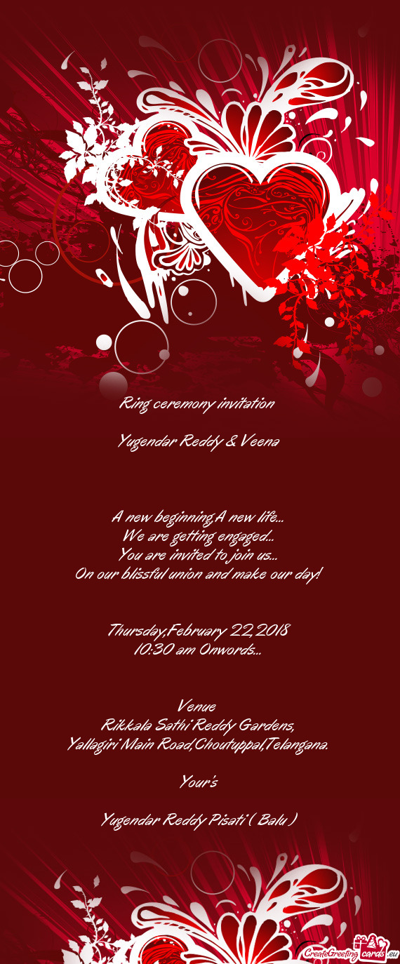 Ring ceremony invitation     Yugendar Reddy & Veena