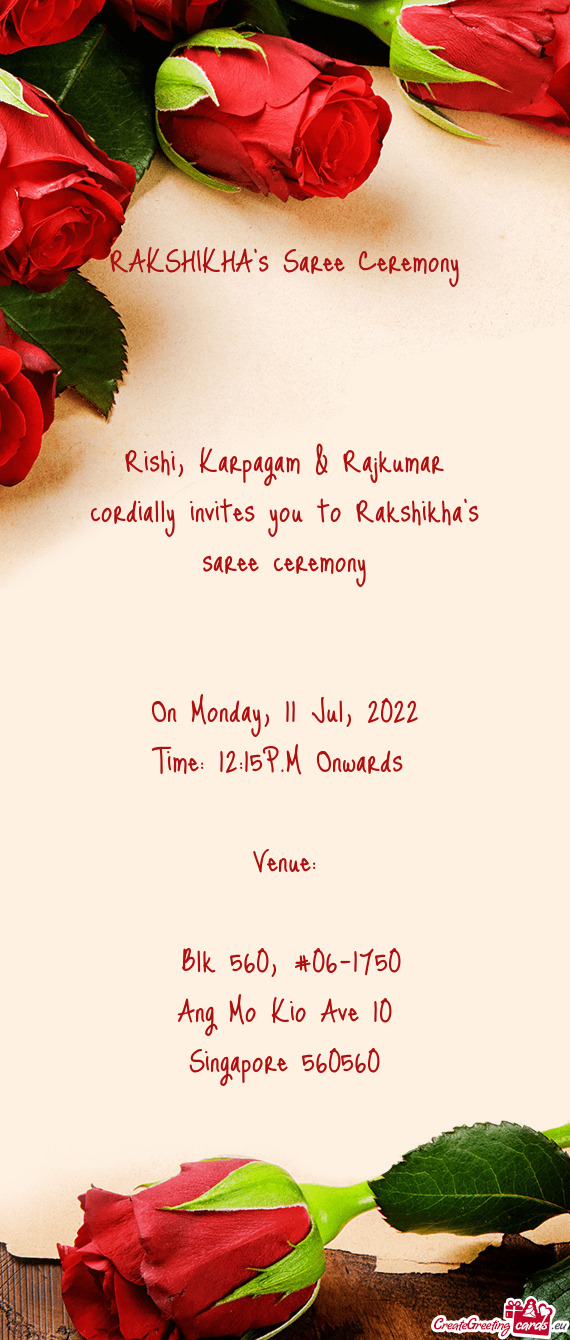 Rishi, Karpagam & Rajkumar cordially invites you to Rakshikha