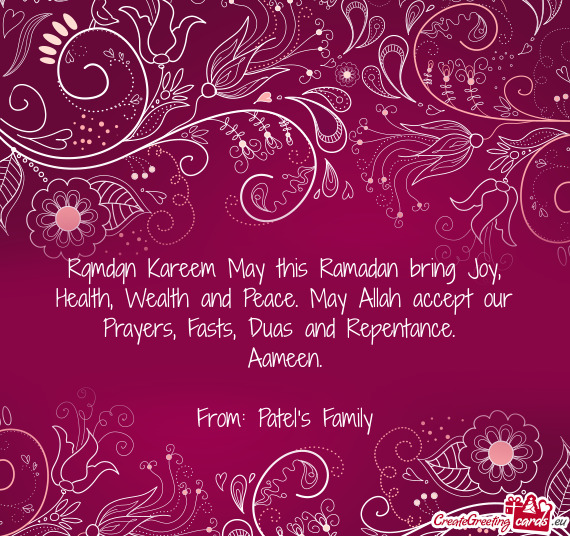 Rqmdqn Kareem May this Ramadan bring Joy, Health, Wealth and Peace. May Allah accept our Prayers, Fa
