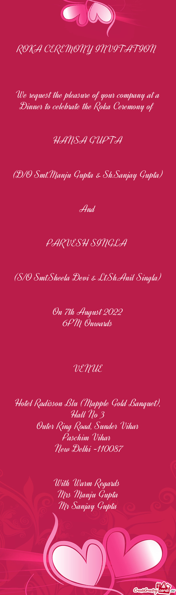 (S/O Smt.Sheela Devi & Lt.Sh.Anil Singla)