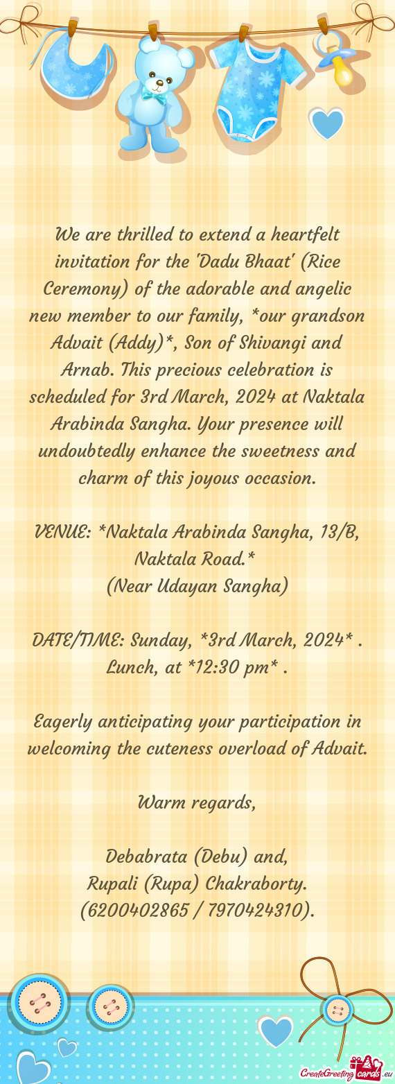S precious celebration is scheduled for 3rd March, 2024 at Naktala Arabinda Sangha. Your presence wi