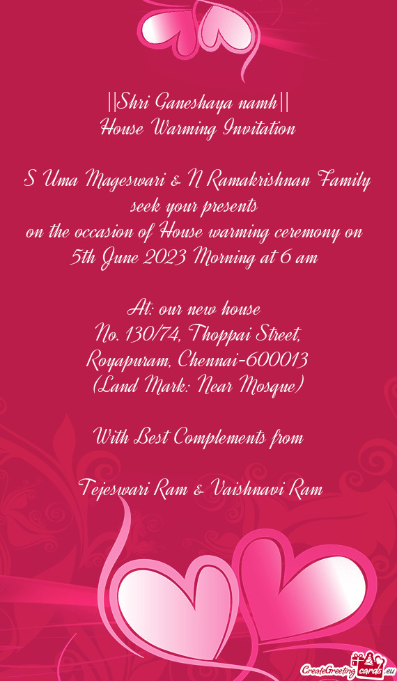 S Uma Mageswari & N Ramakrishnan Family seek your presents