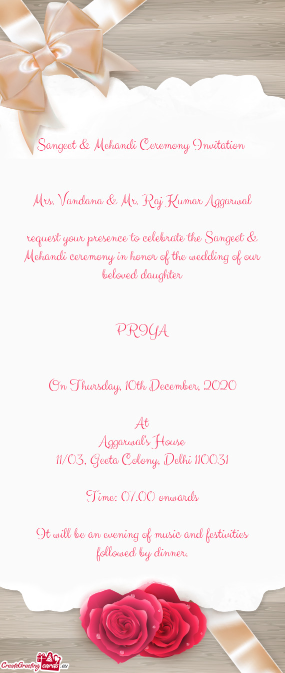 Sangeet & Mehandi Ceremony Invitation