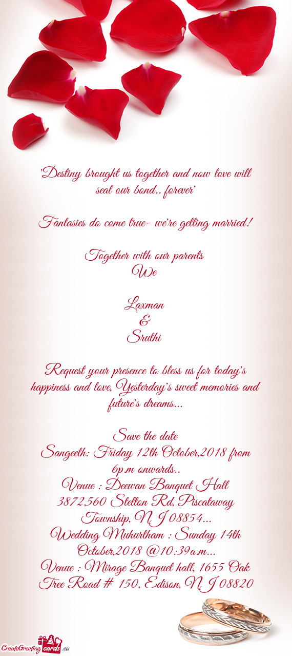 Sangeeth: Friday 12th October,2018 from 6p.m onwards