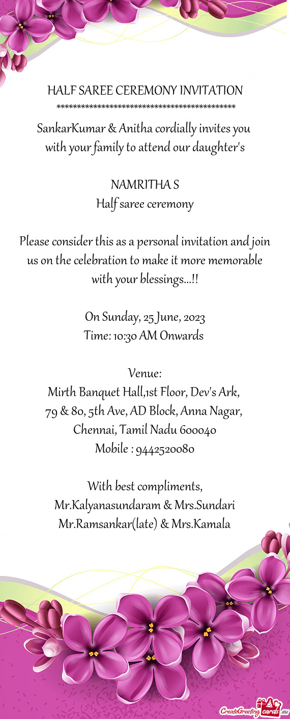SankarKumar & Anitha cordially invites you