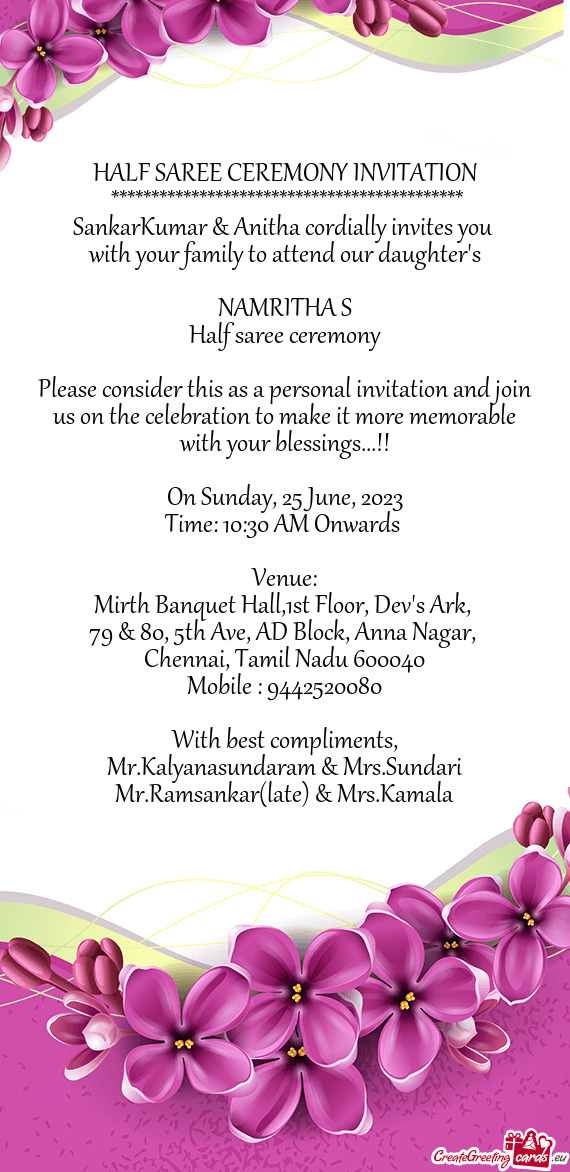 SankarKumar & Anitha cordially invites you