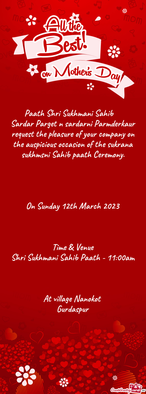 Sardar Parget n sardarni Parmderkaur request the pleasure of your company on the auspicious occasion