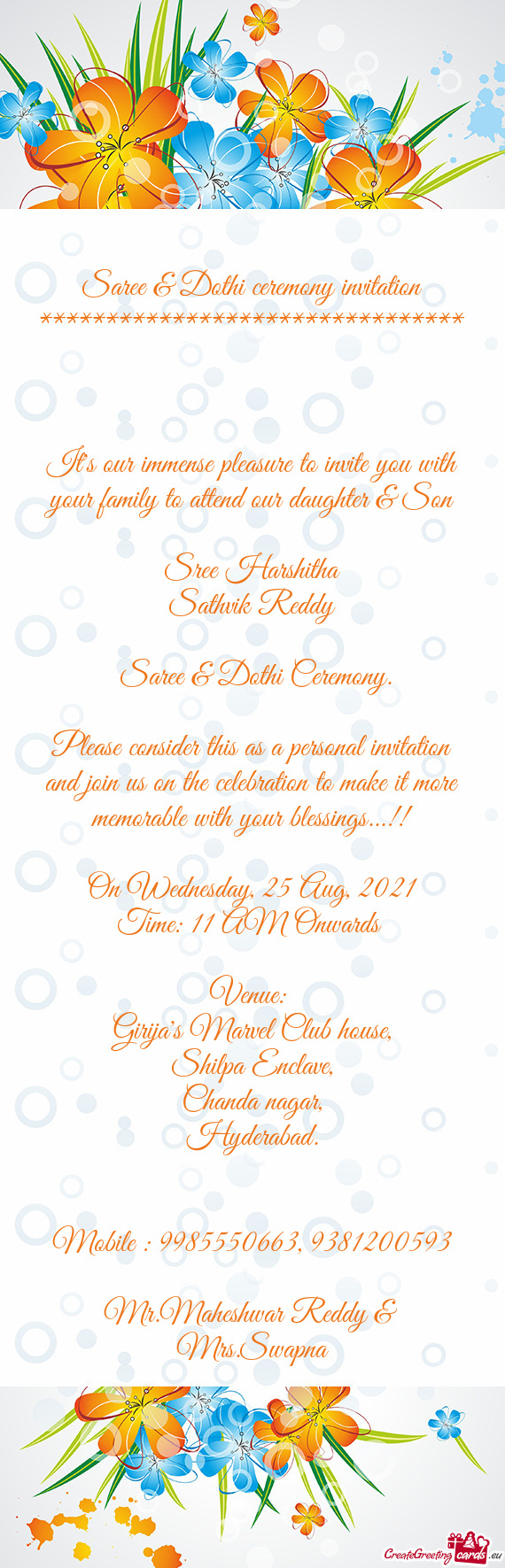 Saree & Dothi ceremony invitation