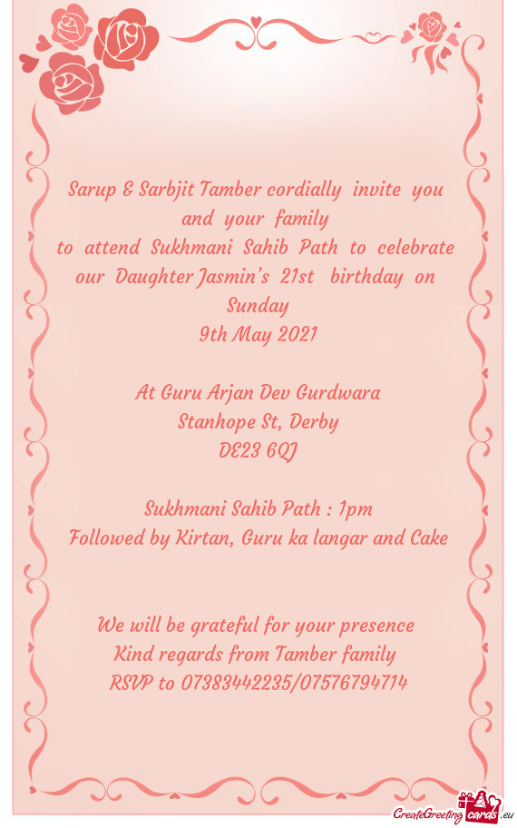 Sarup & Sarbjit Tamber cordially invite you and your family
