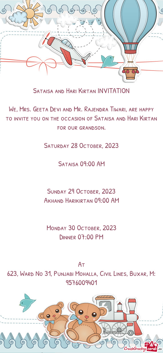 Sataisa and Hari Kirtan INVITATION