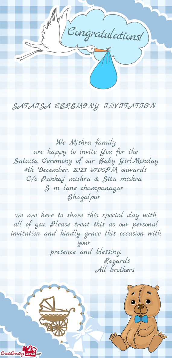 Sataisa Ceremony of our Baby Girl,Monday 4th December, 2023 @7.00PM onwards