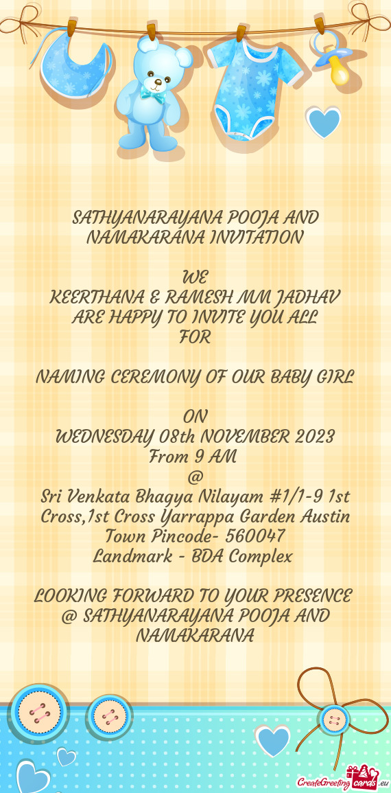 SATHYANARAYANA POOJA AND NAMAKARANA INVITATION