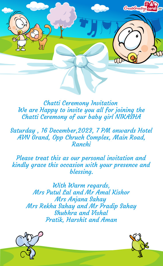 Saturday , 16 December,2023, 7 PM onwards Hotel AVN Grand, Opp Chruch Complex, Main Road, Ranchi