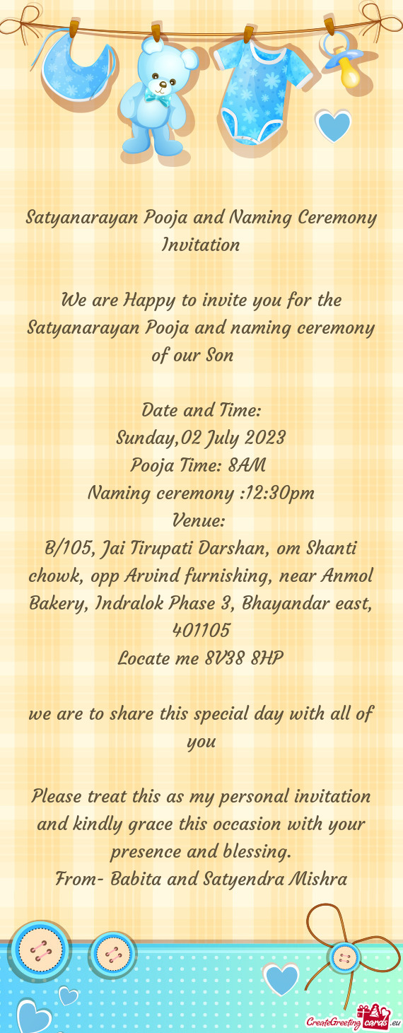 Satyanarayan Pooja and Naming Ceremony Invitation