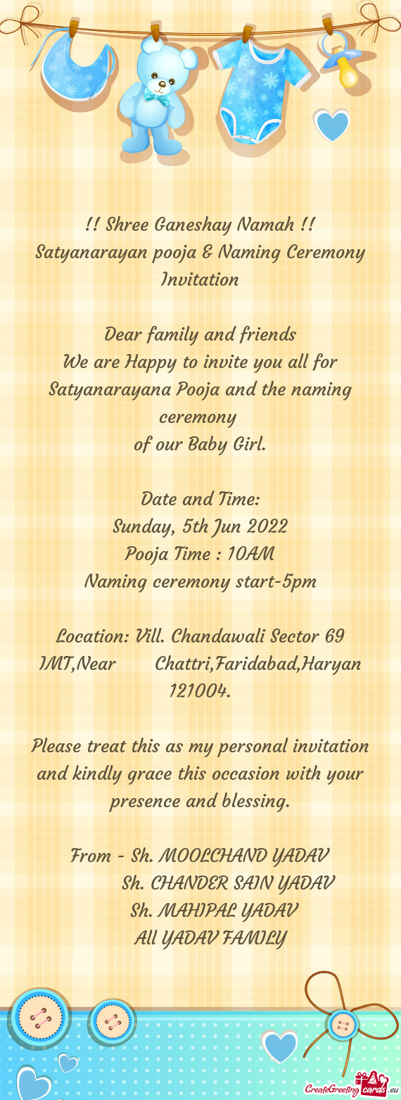 Satyanarayan pooja & Naming Ceremony Invitation
