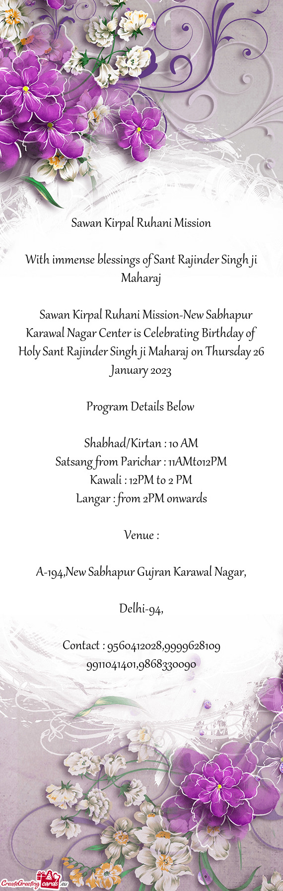 Sawan Kirpal Ruhani Mission-New Sabhapur Karawal Nagar Center is Celebrating Birthday of Holy Sa