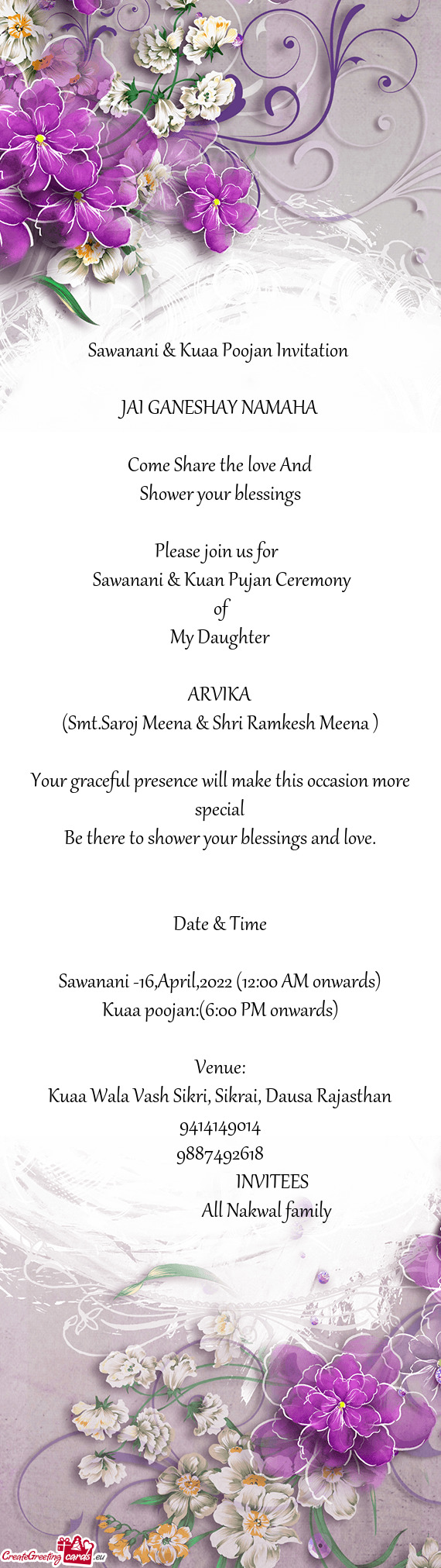 Sawanani & Kuaa Poojan Invitation