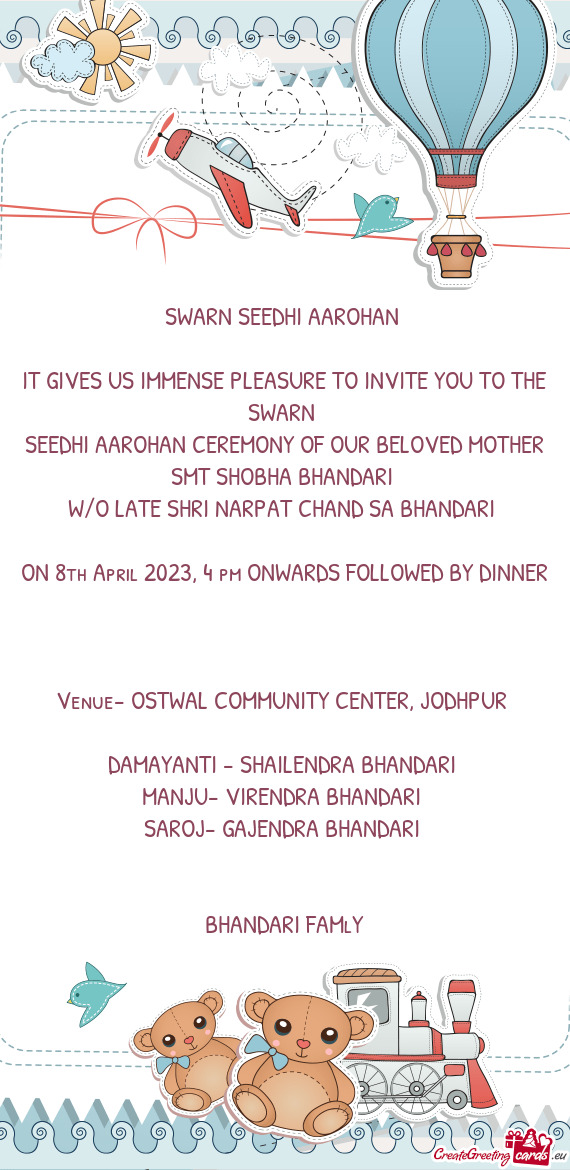 SEEDHI AAROHAN CEREMONY OF OUR BELOVED MOTHER SMT SHOBHA BHANDARI