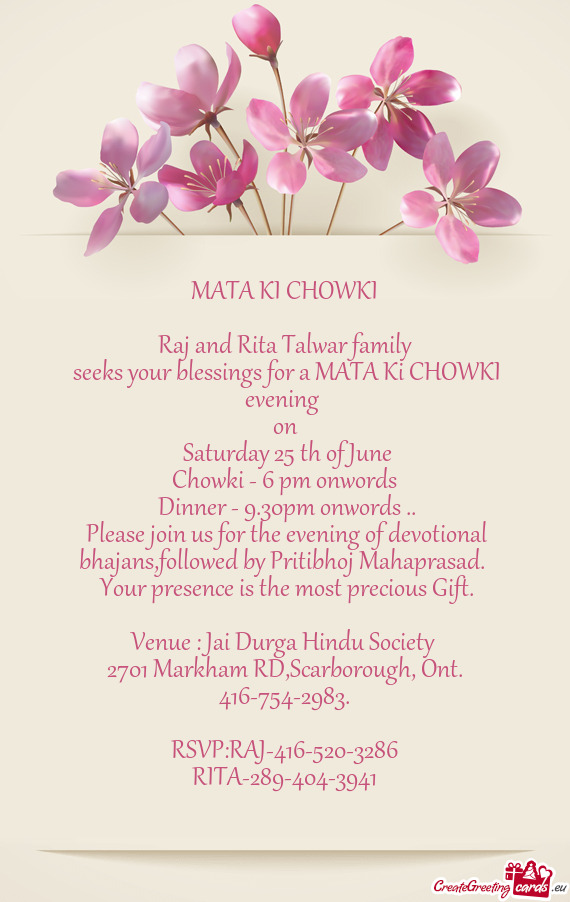 Seeks your blessings for a MATA Ki CHOWKI evening