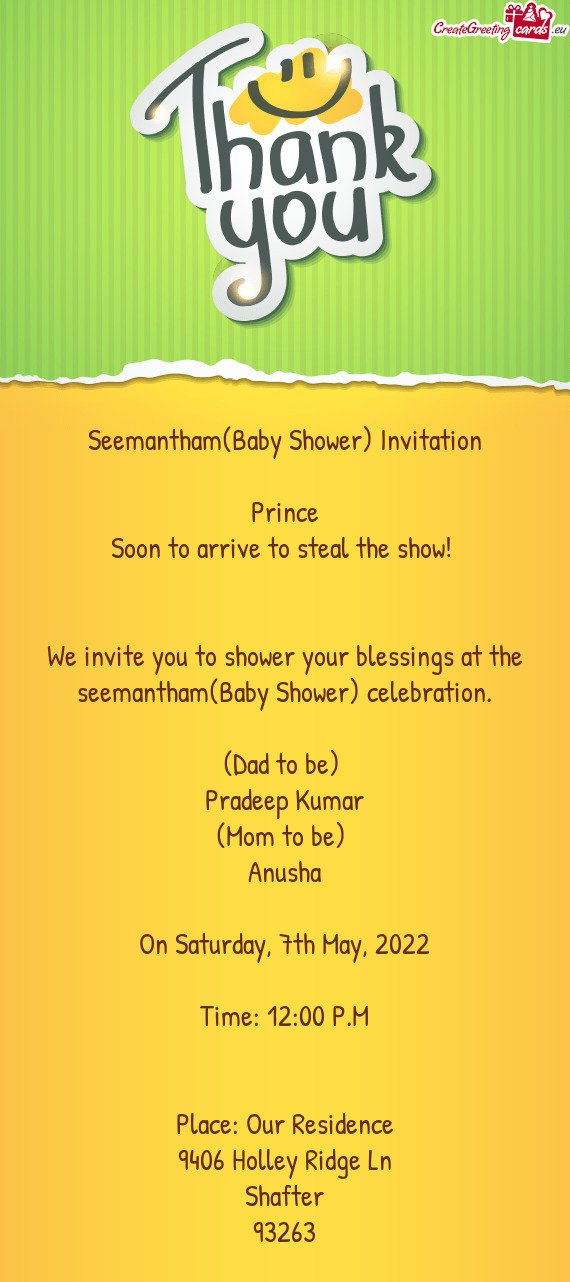 Seemantham(Baby Shower) Invitation Prince Soon to arrive to steal the show!  We invite you