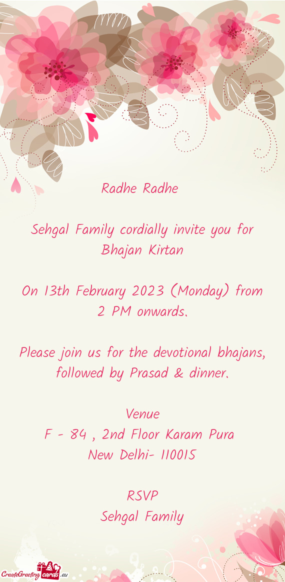 Sehgal Family cordially invite you for Bhajan Kirtan
