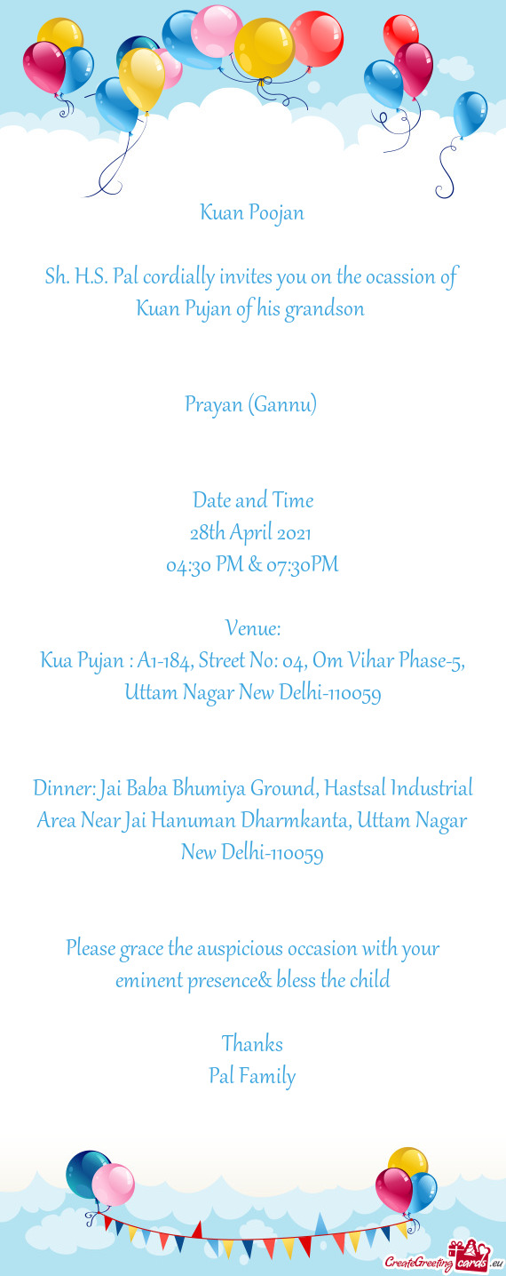 Sh. H.S. Pal cordially invites you on the ocassion of Kuan Pujan of his grandson