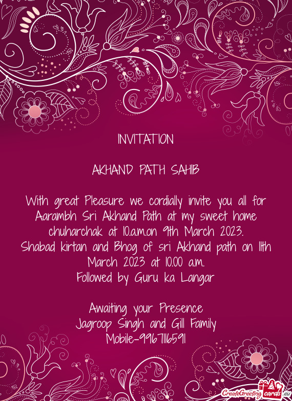 Shabad kirtan and Bhog of sri Akhand path on 11th March 2023 at 10