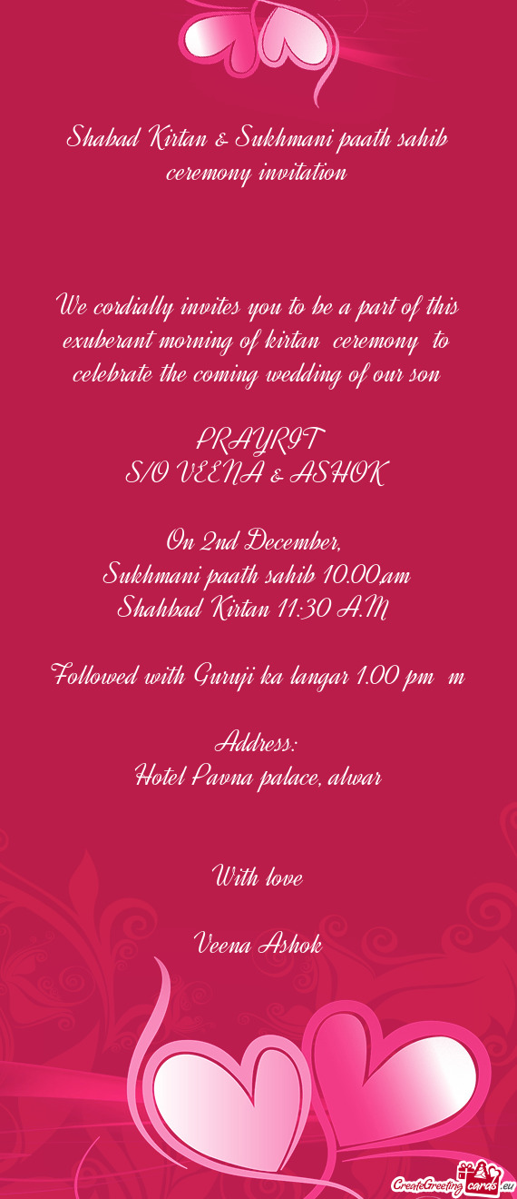 Shabad Kirtan & Sukhmani paath sahib ceremony invitation