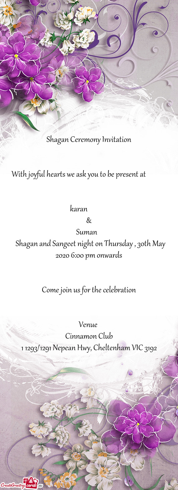 Shagan and Sangeet night on Thursday , 30th May 2020 6:00 pm onwards
