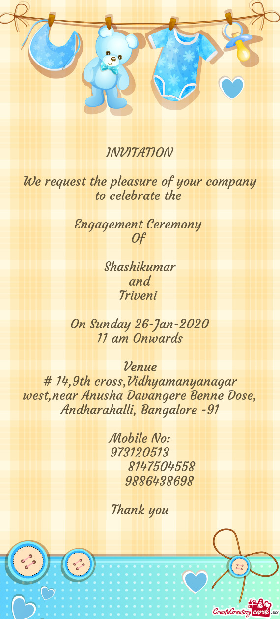 Shashikumar
 and
 Triveni 
 
 On Sunday 26-Jan-2020
 11 am Onwards
 
 Venue
 # 14