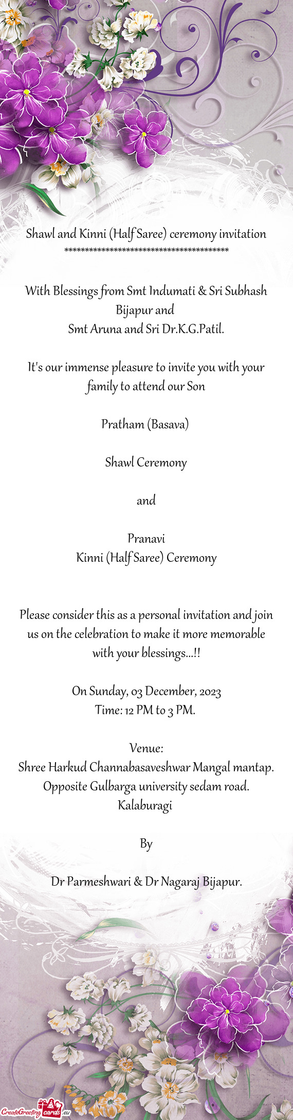 Shawl and Kinni (Half Saree) ceremony invitation