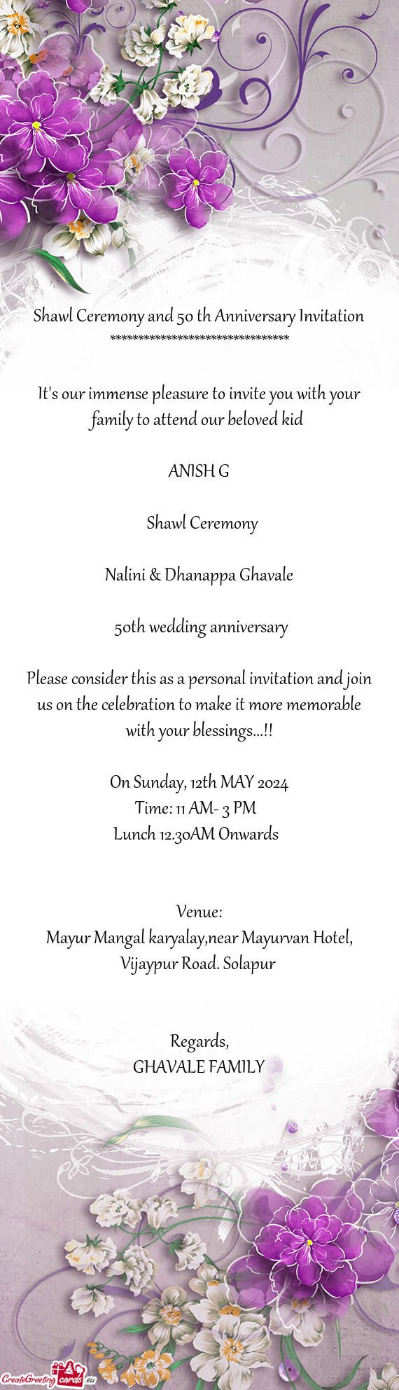 Shawl Ceremony and 50 th Anniversary Invitation