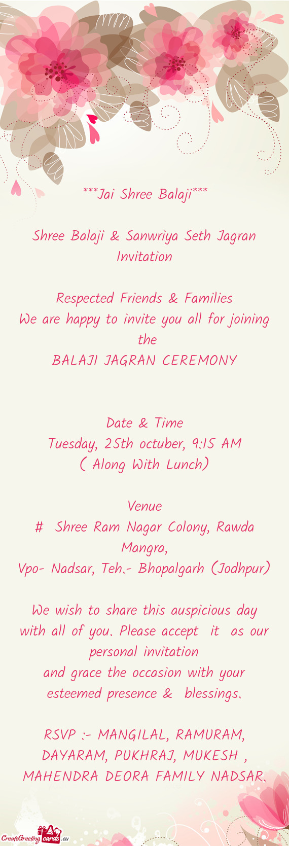 Shree Balaji & Sanwriya Seth Jagran Invitation