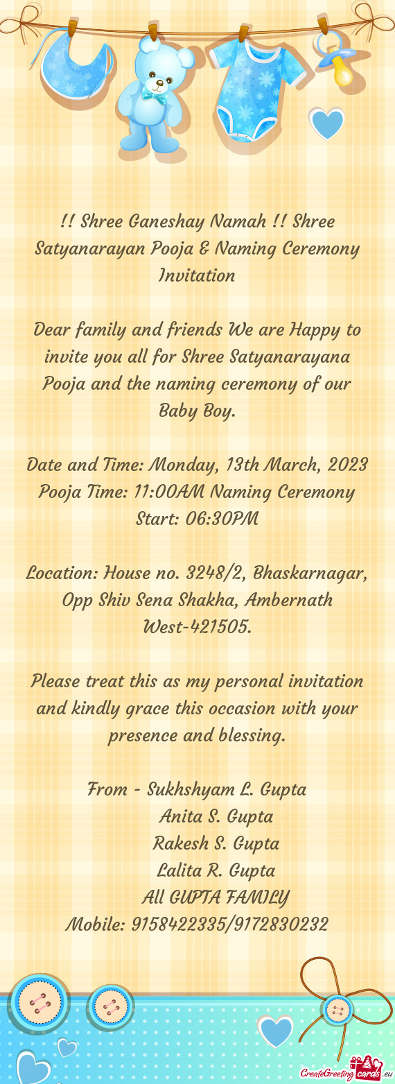 Shree Ganeshay Namah !! Shree Satyanarayan Pooja & Naming Ceremony Invitation