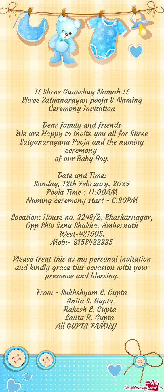 Shree Satyanarayan pooja & Naming Ceremony Invitation
