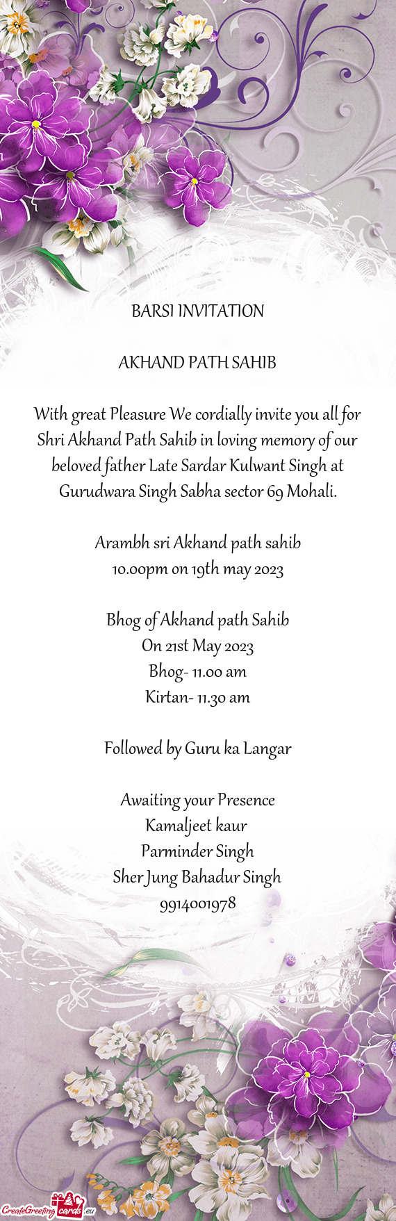 Shri Akhand Path Sahib in loving memory of our beloved father Late Sardar Kulwant Singh at Gurudwara
