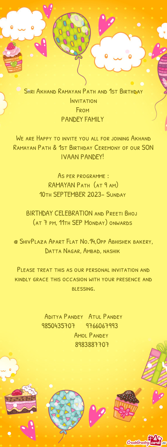 Shri Akhand Ramayan Path and 1st Birthday Invitation