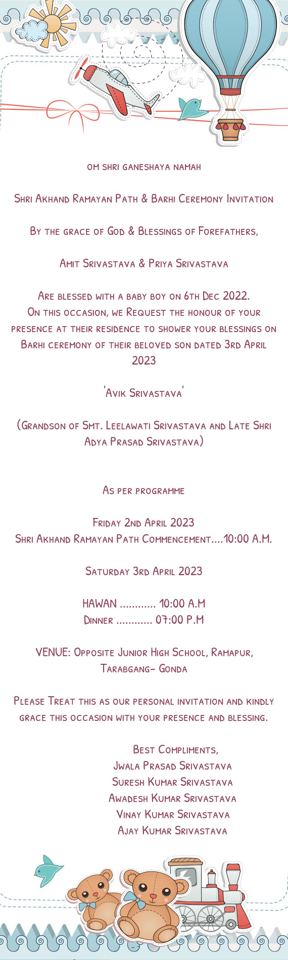 Shri Akhand Ramayan Path & Barhi Ceremony Invitation