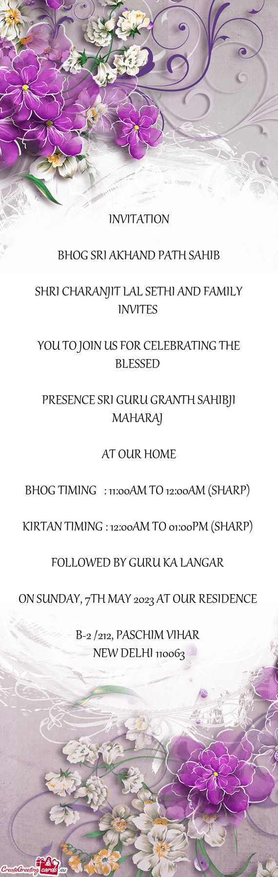 SHRI CHARANJIT LAL SETHI AND FAMILY INVITES