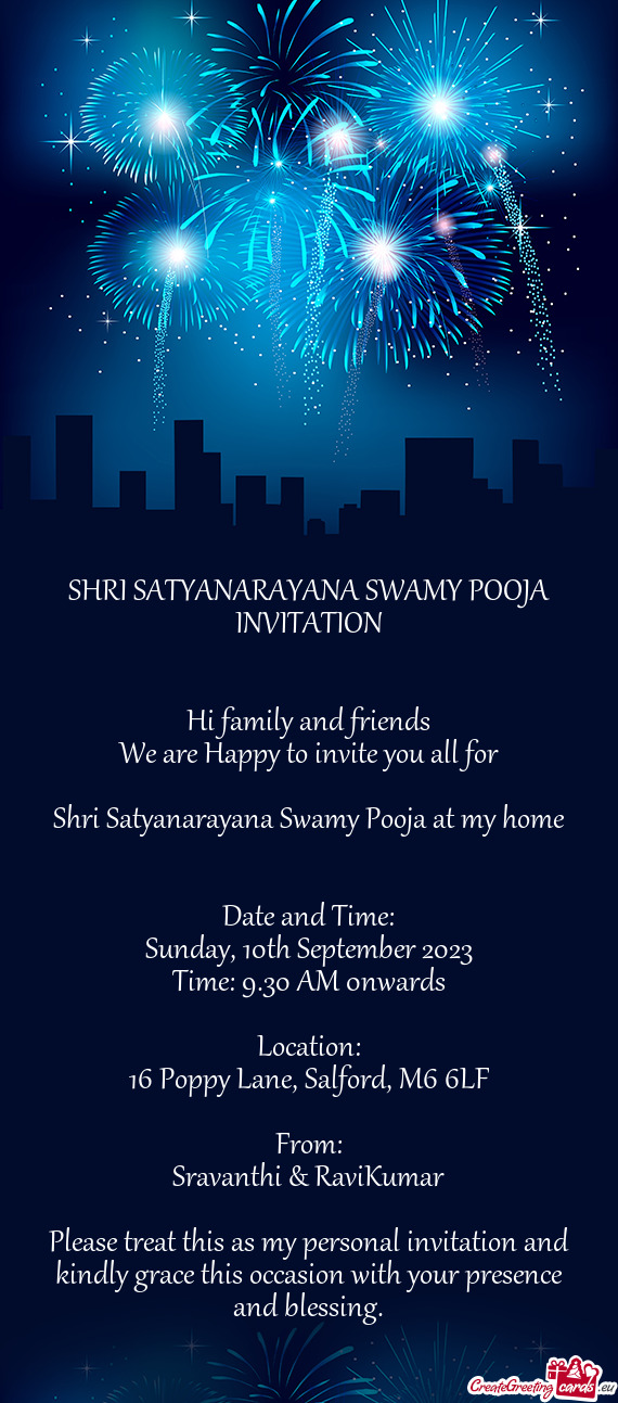 SHRI SATYANARAYANA SWAMY POOJA INVITATION
