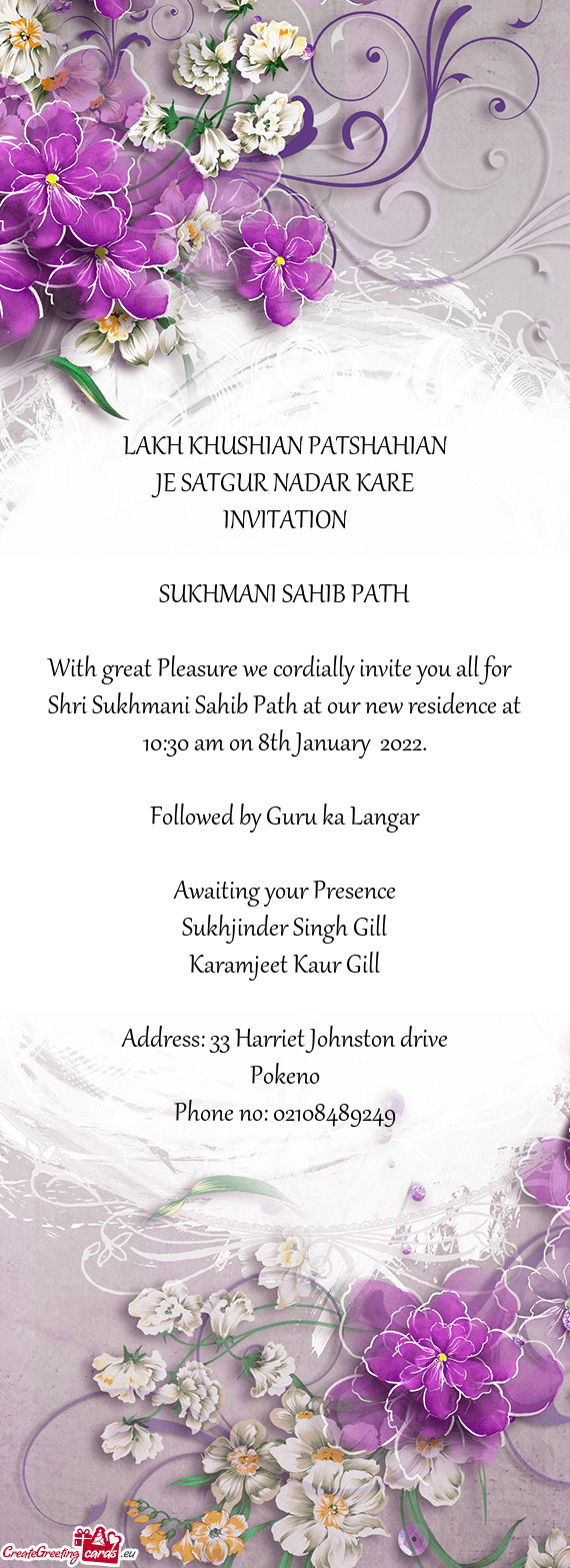 Shri Sukhmani Sahib Path at our new residence at 10:30 am on 8th January 2022