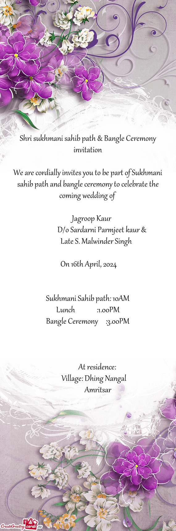 Shri sukhmani sahib path & Bangle Ceremony invitation