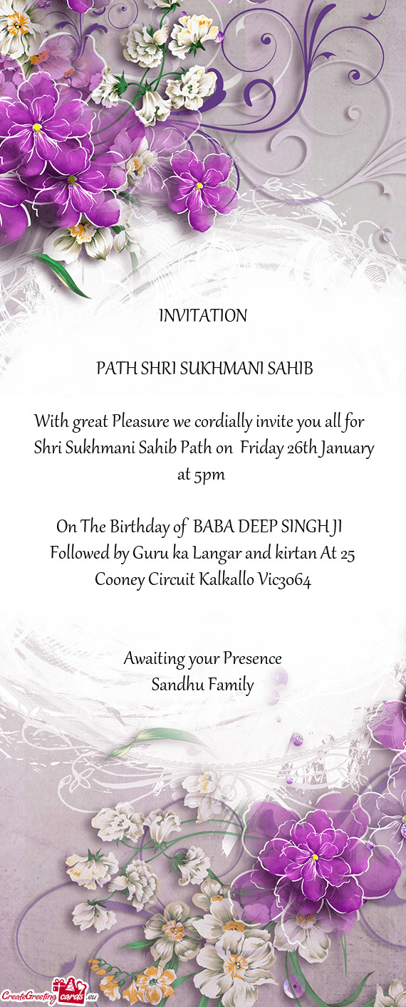 Shri Sukhmani Sahib Path on Friday 26th January at 5pm
